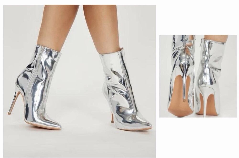 Shiny Silver Ankle boots Size 37 US 7 costume club high heels stiletto party